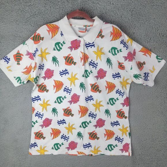 Picone Sport Polo Shirt Womens Large Tropical Fish Colorful 100% Cotton Collared - Picture 15 of 15